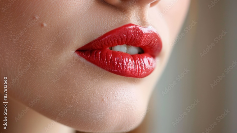 Fototapeta premium female lips with red lipstick - close-up portrait