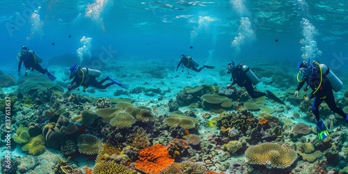 Wallpaper Mural Group of scuba divers exploring a vibrant coral reef generated by AI Torontodigital.ca