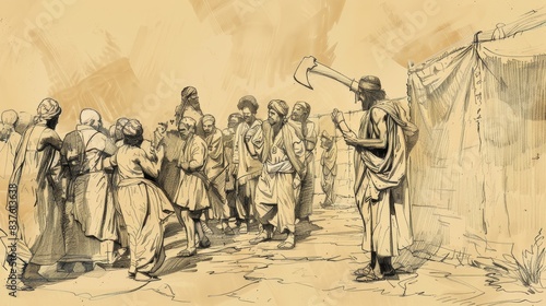 2 Kings 6 Biblical Illustration: Floating axehead miracle, Elisha's capture of Aramean army, siege of Samaria, famine, Beige Background, copyspace photo