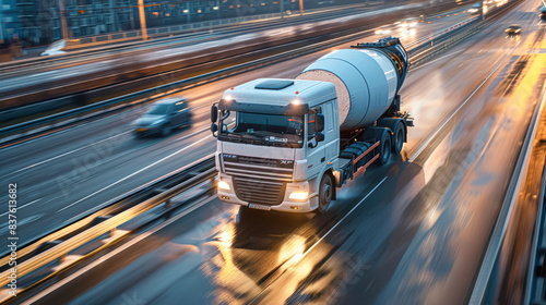 Construction Site in Motion Concrete Mixer Truck Speeding on Highway photo