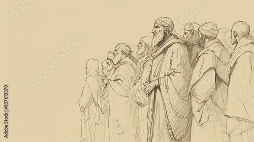 Ezra 7 Biblical Illustration: Ezra's arrival in Jerusalem, Artaxerxes' commission, teaching and enforcing Law of Moses, Beige Background, copyspace photo