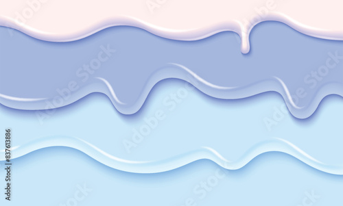 Blue and white liquid substance border. Vector realistic illustration of melting ice cream or yogurt flow, 3d color paint splash, sweet icing drops pouring down dessert cake, nail polish texture