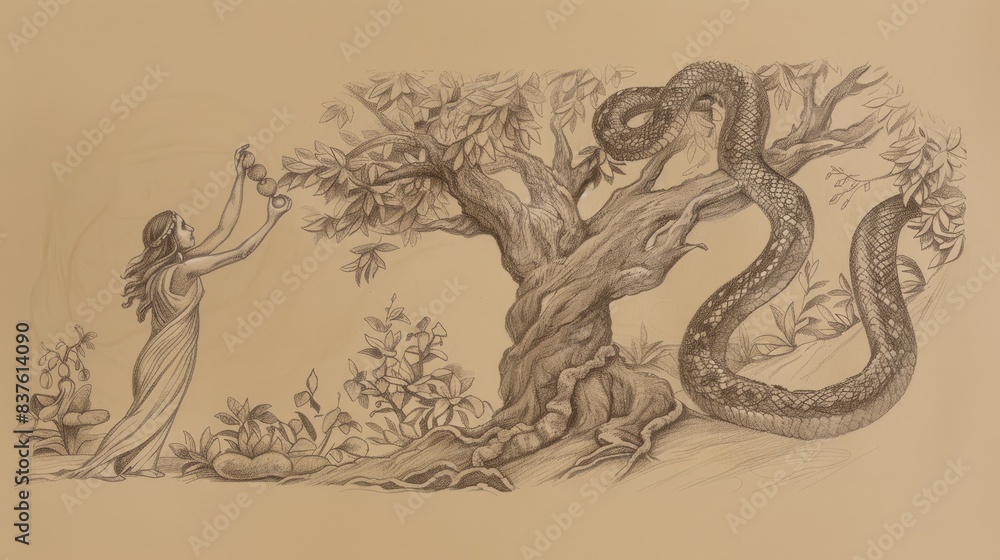 Genesis 3 Biblical Illustration: Temptation in Eden, Eve and Forbidden Fruit, Serpent - Beige Background with Copyspace for Inspirational Use Genesis 3 Biblical Illustration: Temptation in Eden, Eve and Forbidden Fruit, Serpent - Beige Background with Copyspace for Inspirational Use
