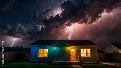 The mesmerizing spectacle of colorful lightning illuminating a house exterior, painting the night sky with vibrant hues ai_generated