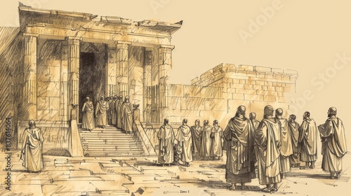 Ezra 5 Biblical Illustration: Resumption of temple construction, prophets Haggai and Zechariah, Persian inquiry, Beige Background, copyspace