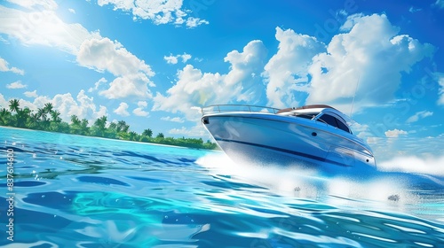 Modern fast boat in the tropical sea copy space 