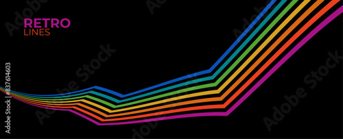 Linear vector abstract background in all colors of rainbow, retro style lines in 3D dimensional perspective, vintage poster art. banner, cover, poster, flyer, card. vector illustration