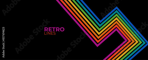 Linear vector abstract background in all colors of rainbow, retro style lines in 3D dimensional perspective, vintage poster art. banner, cover, poster, flyer, card. vector illustration