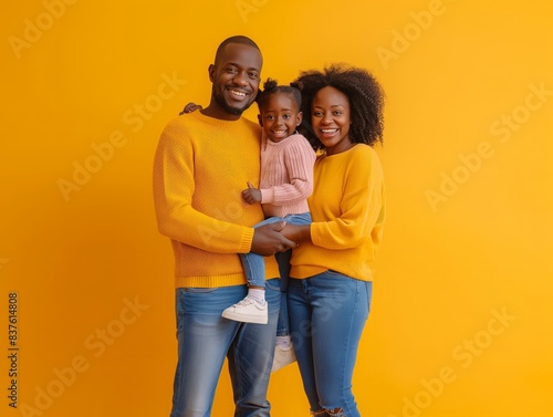 A smiling family of three, dressed in matching yellow and pink sweaters, stands against a vibrant yellow background.