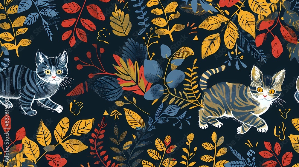 Obraz premium Retro colorful kitten plant texture illustration poster background