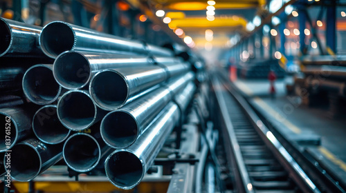 A close-up shot of steel pipes stacked neatly in a factory setting. The image captures the industrial setting with metal beams and railroad tracks in the background