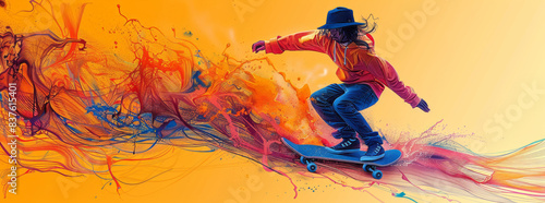 Olympic Sports. Skateboarding. Skateboarder on a skateboard. Digital illustration. Continuous line drawing.generative ai © Suralai