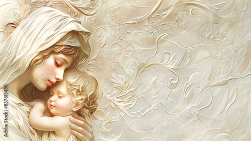 A close-up image of a sculpture depicting the Virgin Mary holding the baby Jesus. The sculpture is rendered in white, with intricate floral details