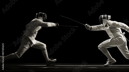 Two fencers are engaged in a match, captured in action with a dark background, highlighting their white uniforms and swords