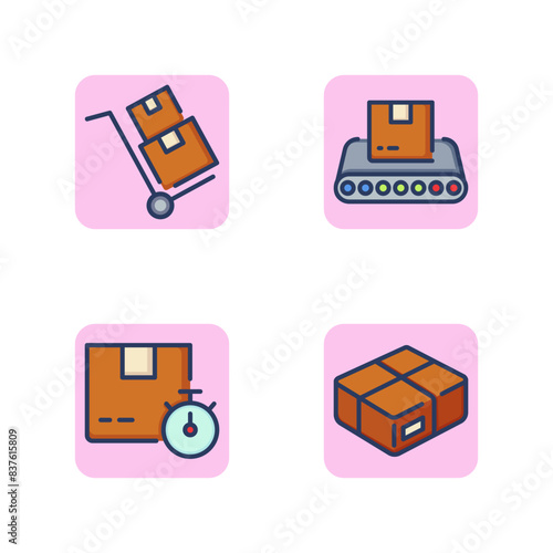 Cargo shipping line icon set. Box on conveyor, trolley with loads, delivery time, packed box. Delivery and transportation of goods concept. Vector illustration for web design and apps