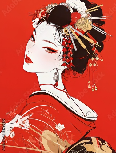 Geisha with Kimono Dress Cartoon in Red Background