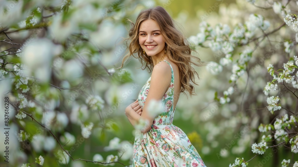Naklejka premium A happy woman in the spring outdoors. A smiling young woman in a spring garden enjoys the blossoming flowers of the trees.