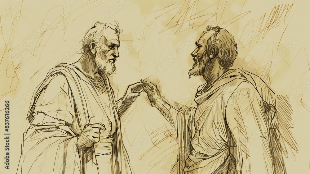 Fototapeta premium 1 Samuel 28 Biblical Illustration: Saul's consultation with Endor medium, Samuel's spirit, prophecy of defeat and death, Beige Background, copyspace