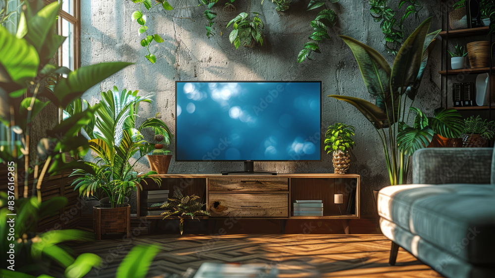 Smart TV with an empty blue screen in a modern living room, blending 3D illustration and matte painting,generative ai Smart TV with an empty blue screen in a modern living room, blending 3D illustration and matte painting,generative ai