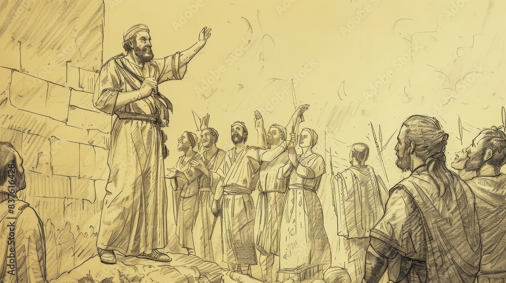 Fototapeta premium 1 Samuel 11 Biblical Illustration: Saul Rescues Jabesh Gilead, Confirmation as King - Beige Background with Copyspace for Inspirational Use