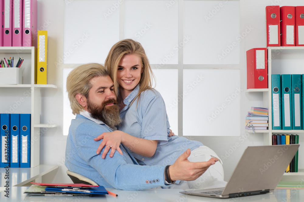 Obraz premium Sexy Woman and business man Sexual Harassment In Office. Sexy young employee Sexual Harassment. Female abuse. Employee Sexually harassed. Sex at work. Couple in love in business office.