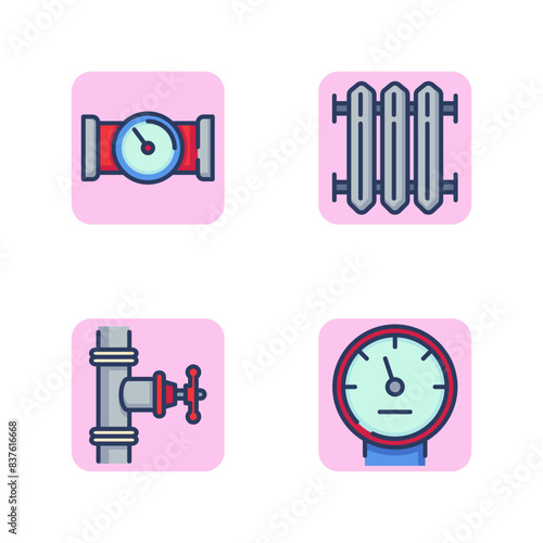 Plumbing system line icon set. Water meter, radiator, pipe and valve, water meter on a pipe. Pipeline and water supply concept. Vector illustration for web design and apps