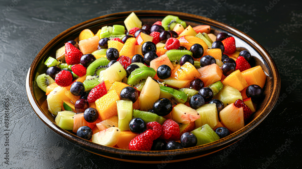 A bowl of fruit salad with strawberries, blueberries, kiwi, and oranges A bowl of fruit salad with strawberries, blueberries, kiwi, and oranges