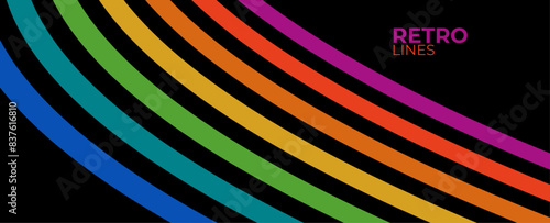 Linear vector abstract background in all colors of rainbow, retro style lines in 3D dimensional perspective. Retro Colors from the 1970s 1980s, 70s, 80s, 90s. vector illustration