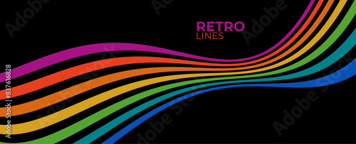 Linear vector abstract background in all colors of rainbow, retro style lines in 3D dimensional perspective. Retro Colors from the 1970s 1980s, 70s, 80s, 90s. vector illustration