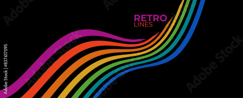 Linear vector abstract background in all colors of rainbow, retro style lines in 3D dimensional perspective. Retro Colors from the 1970s 1980s, 70s, 80s, 90s. vector illustration