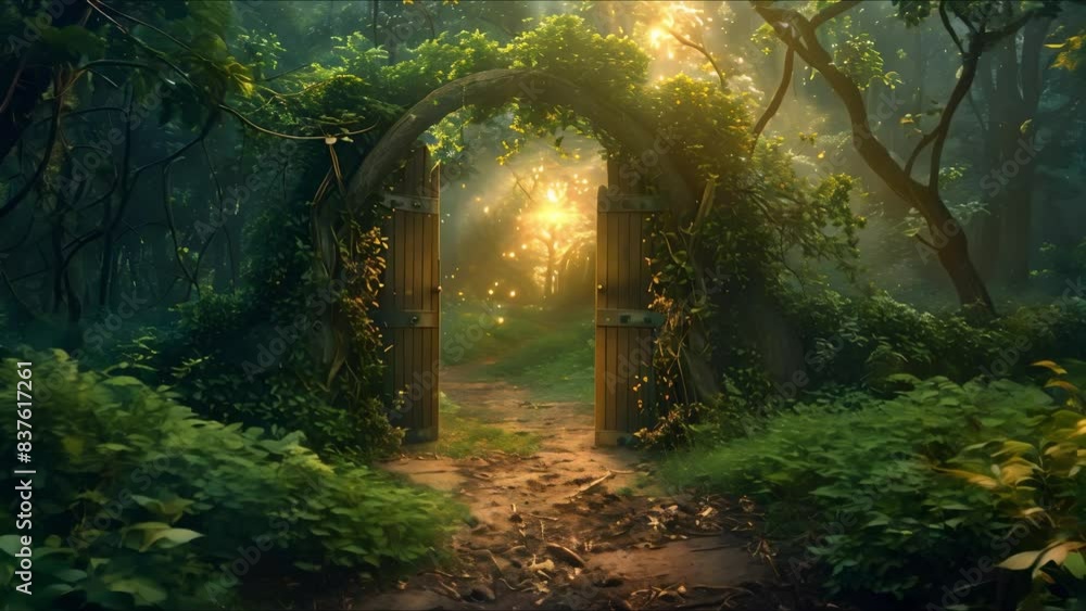 Enchanted forest with secret wooden door leading to mystical light ...