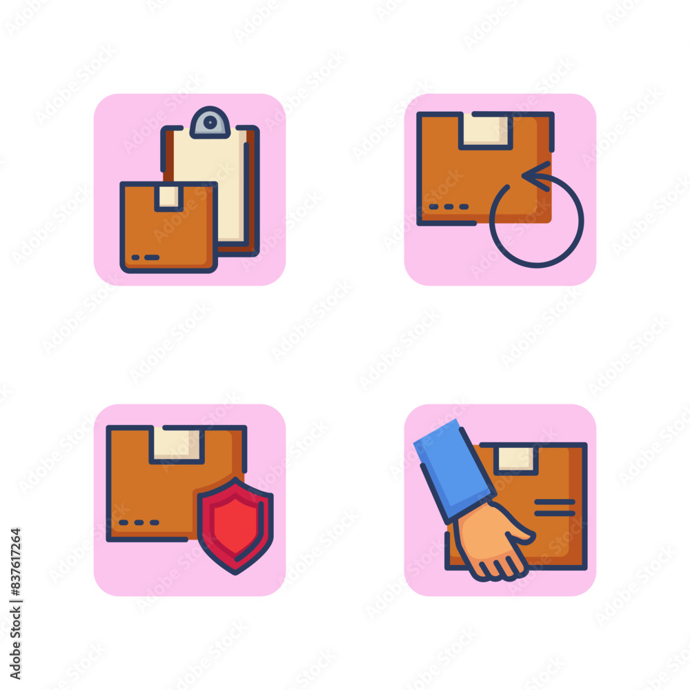 Delivery and cargo shipping icon set. Hands carry box, parcel document, return order, shipment guarantee and protection. Transportation and dispatch goods concept.Vector illustration web design apps Delivery and cargo shipping icon set. Hands carry box, parcel document, return order, shipment guarantee and protection. Transportation and dispatch goods concept.Vector illustration web design apps