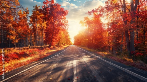 Picturesque natural autumn landscape with sun, road and beautiful trees with red and orange foliage 
