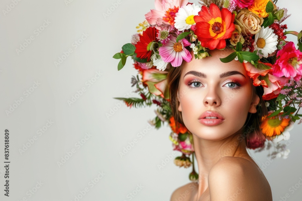 Woman with a vibrant floral headpiece Woman with a vibrant floral headpiece