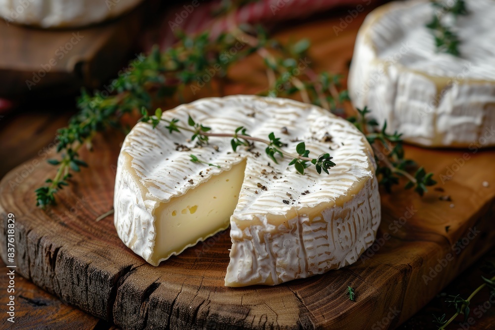 Camembert cheese with fresh thyme on wood