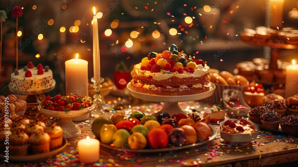 Fototapeta premium Birthday cake with candles on table with various pastries and fruits