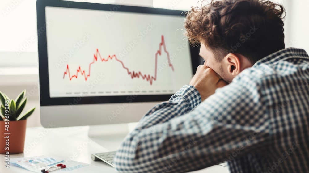 Man looking at declining stock chart on computer screen, representing financial downturn or stock market analysis in modern office setting. Man looking at declining stock chart on computer screen, representing financial downturn or stock market analysis in modern office setting.
