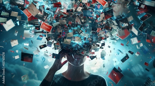 Depict a person with their mind being invaded by an avalanche of media content, from tweets and posts to breaking news, in a visually chaotic manner.