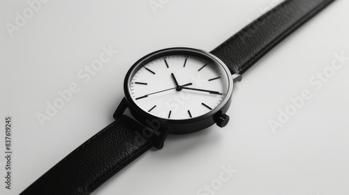 Wallpaper Mural Close-up of a minimalist black and white wristwatch with a leather strap, highlighting its sleek design on a light background.
 Torontodigital.ca