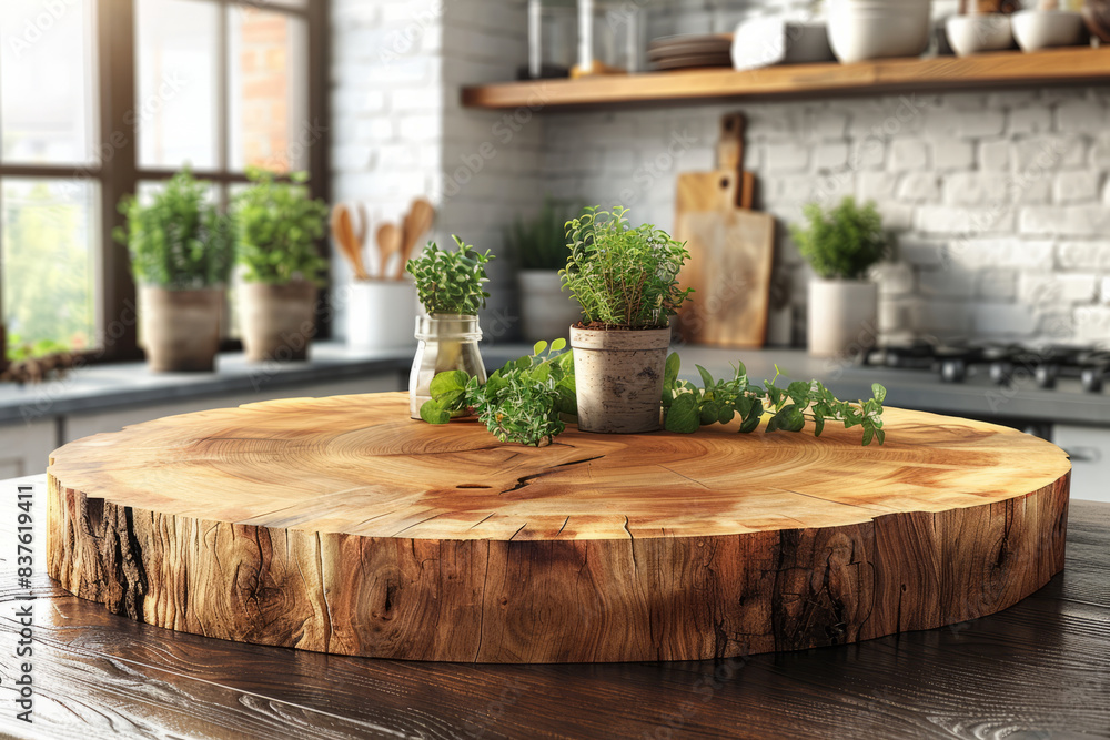 Empty round wood tabletop in a clean, bright kitchen, perfect for display.generative ai Empty round wood tabletop in a clean, bright kitchen, perfect for display.generative ai