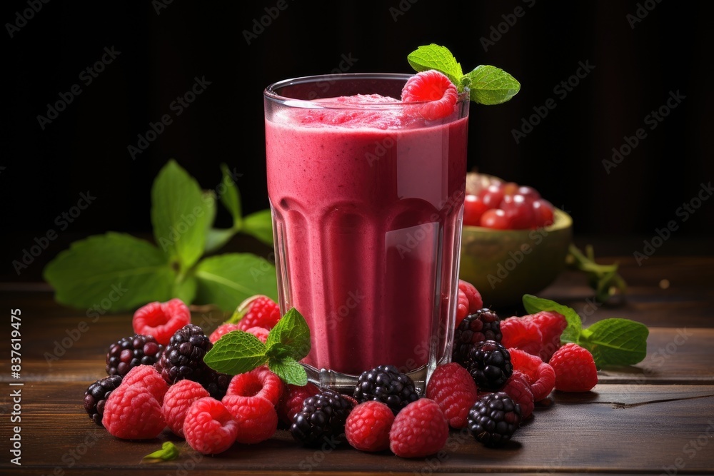 A refreshing raspberry and blackberry smoothie garnished with mint, a drink ideal for summer days and health A refreshing raspberry and blackberry smoothie garnished with mint, a drink ideal for summer days and health