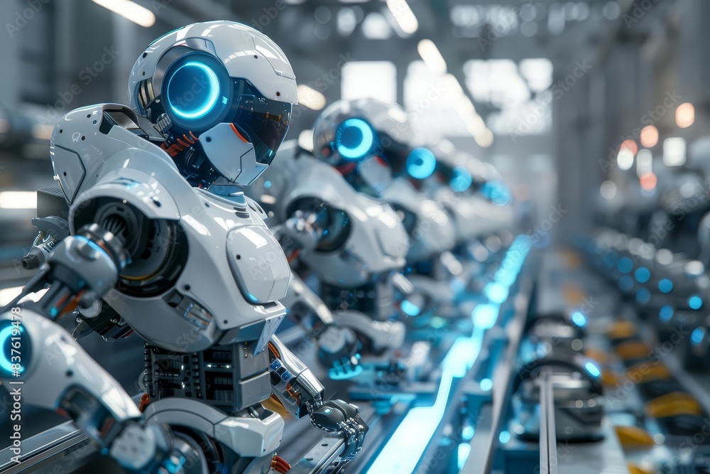 An assembly line of robots manufacturing hightech gadgets, industrial setting, highly detailed, monochromatic with blue highlights, 3D illustration An assembly line of robots manufacturing hightech gadgets, industrial setting, highly detailed, monochromatic with blue highlights, 3D illustration