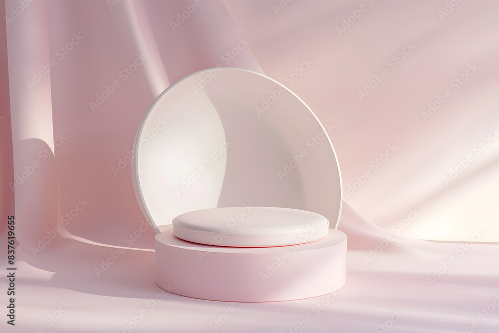 Podium for product presentation in the style of an open shell medium, inside the shell there is a white flat rounded box Podium for product presentation in the style of an open shell medium, inside the shell there is a white flat rounded box