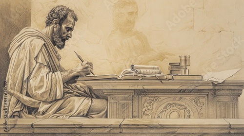 Saint Hippolytus of Rome in scholarly dedication, writing theological works, peaceful study, beige background, Biblical Illustration, copyspace  photo