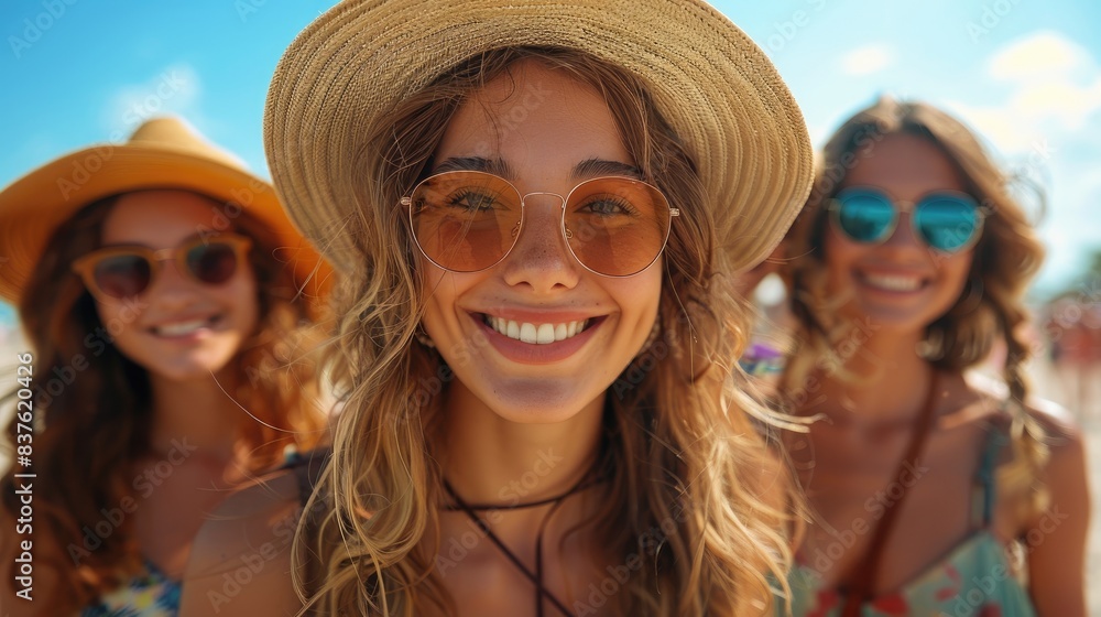 Three young women smiling and enjoying a sunny day at the beach, wearing sunglasses and sunhats, capturing the essence of summer fun and friendship. Three young women smiling and enjoying a sunny day at the beach, wearing sunglasses and sunhats, capturing the essence of summer fun and friendship.