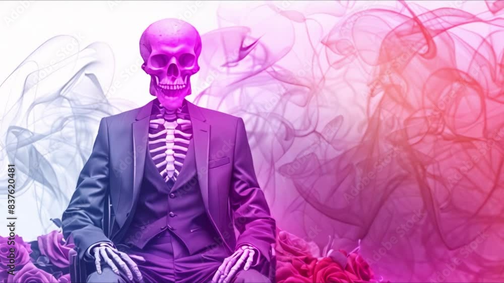 Dapper Skeleton in a Suit Sitting with Roses: A Stylish and Humorous Image. Concept Skeleton Photoshoot, Dapper Suit, Rose Props, Stylish Portraits, Humorous Pose Dapper Skeleton in a Suit Sitting with Roses: A Stylish and Humorous Image. Concept Skeleton Photoshoot, Dapper Suit, Rose Props, Stylish Portraits, Humorous Pose