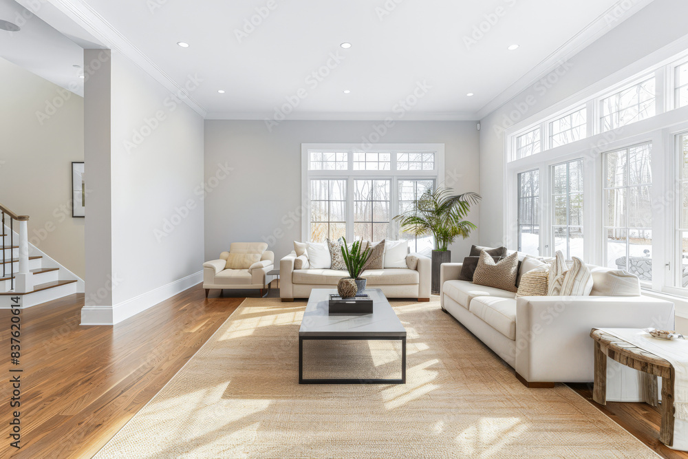 Fototapeta premium Minimalist living room interiors in neutral tones and natural lighting.