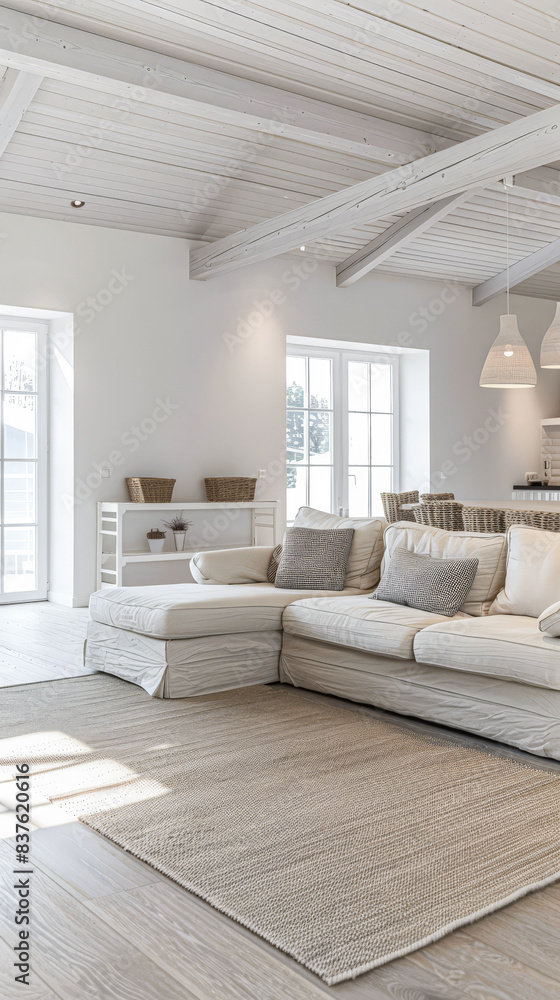 Fototapeta premium Minimalist living room interiors in neutral tones and natural lighting.