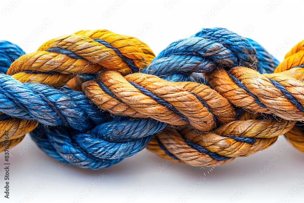 Connected concept , Different ropes tied isolate on white with clipping path,generative ai Connected concept , Different ropes tied isolate on white with clipping path,generative ai