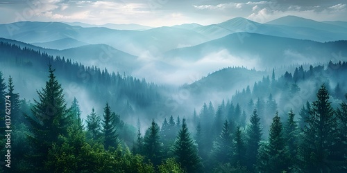 Pine Forest Mist Shrouded Mountain Peaks Ethereal Serenity Landscape Scenic Panoramic Outdoor Nature Vista © Thares2020